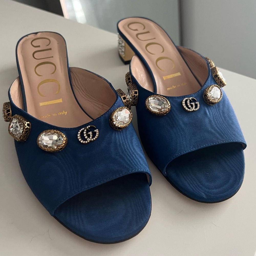 Gucci Lyric moire crystal embellished heels/shoes